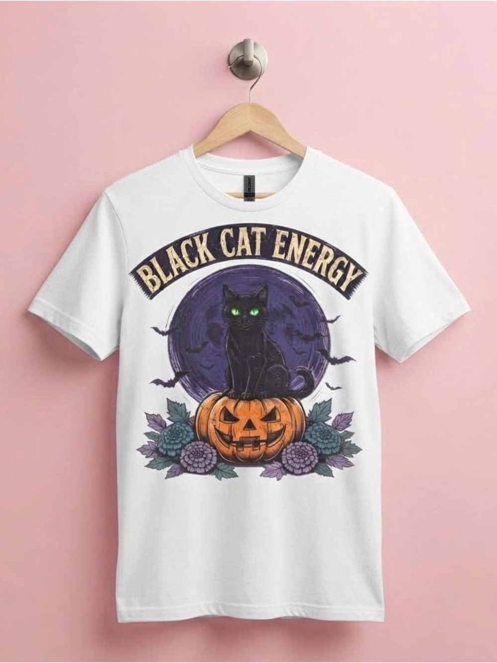 Black Cat Energy Graphic T-Shirt White Halloween Pumpkin Witchy Streetwear